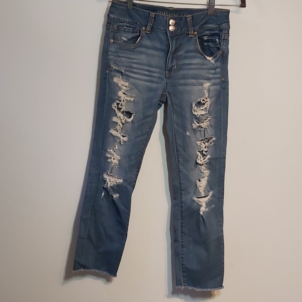 American eagle mid rise super distressed jeans